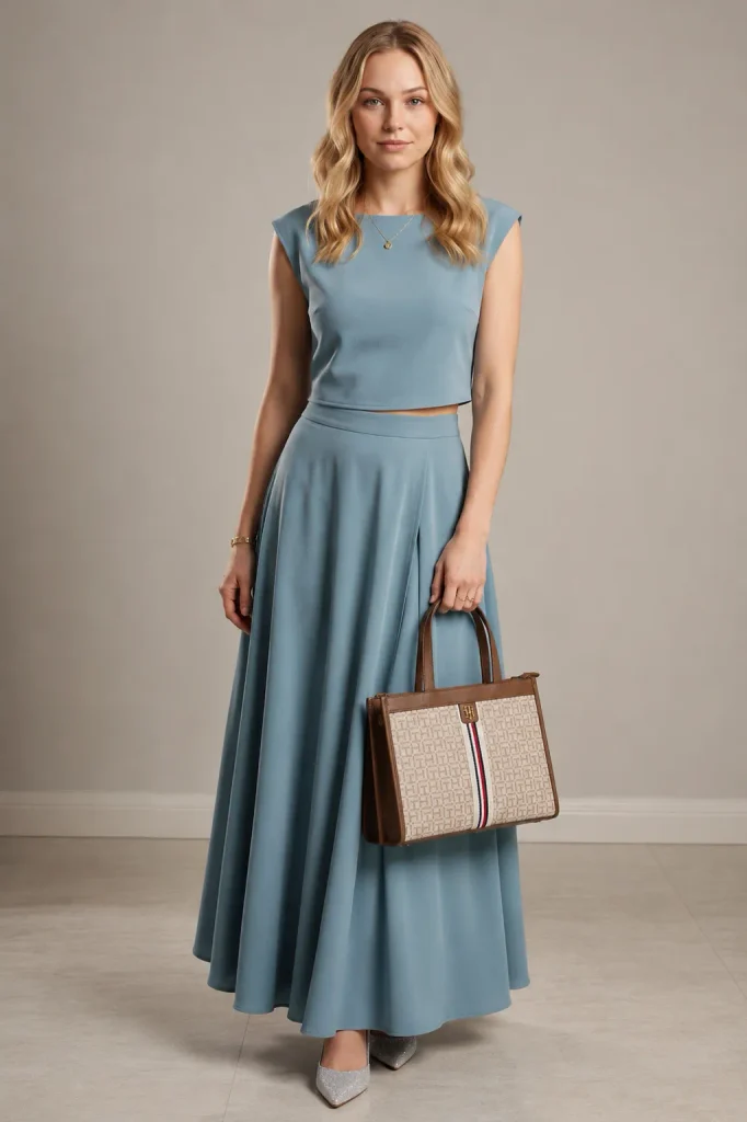 Mujer con top corto sin mangas y falda larga fluida en azul empolvado, look de estilo Romantic con bolso estructurado.