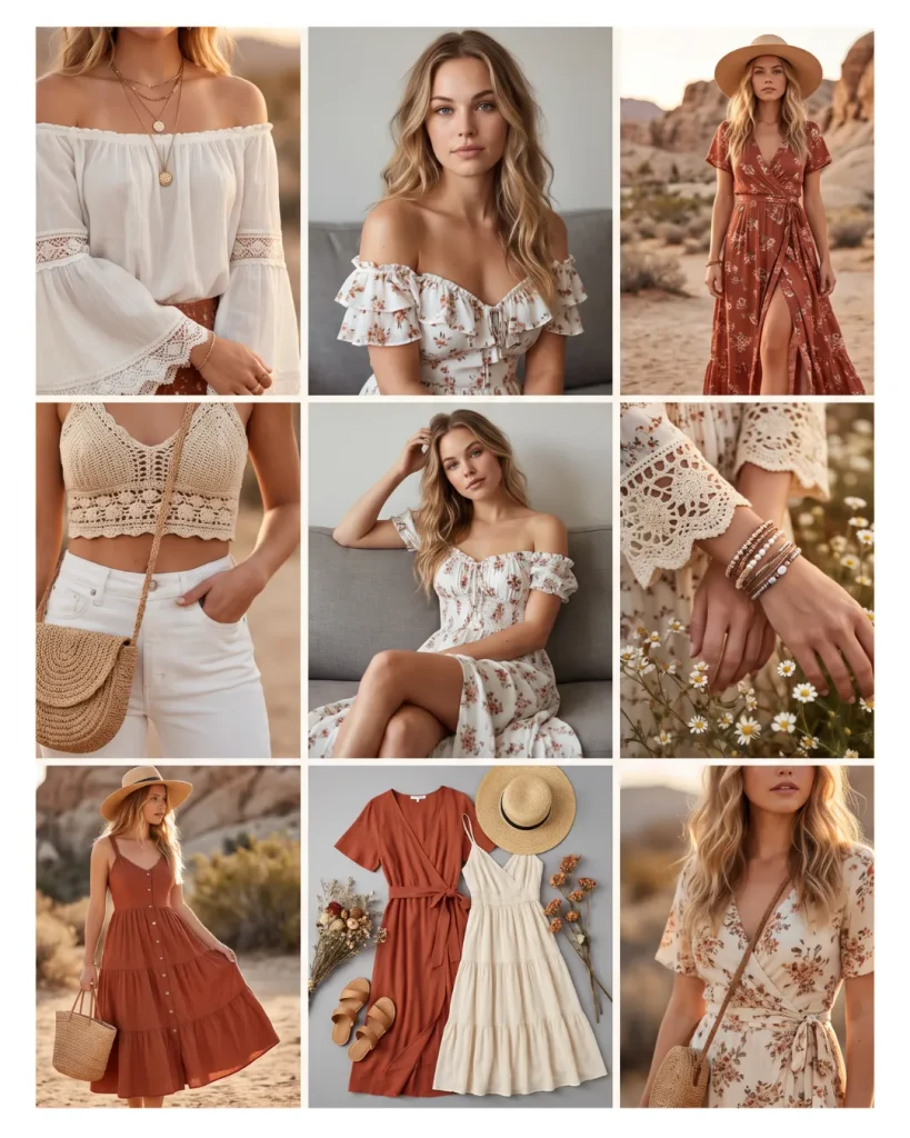 Collage de moda bohemia de verano con texturas artesanales, inspiración para el estilo Bohemian.