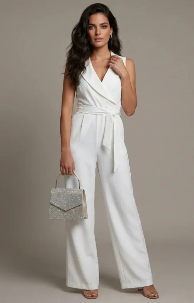 Mujer con jumpsuit blanco de pierna ancha y bolso brillante, ejemplo de estilo Elegant.