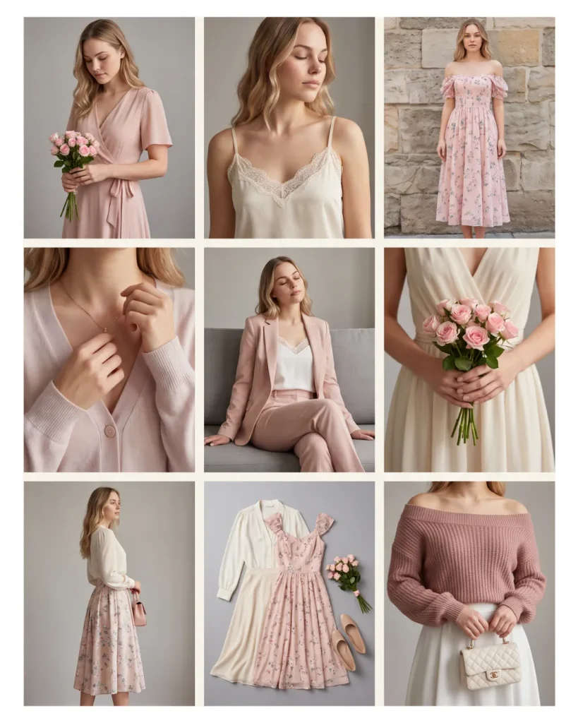 Colección de moda femenina en tonos rosa, crema y floral, inspiración para el estilo Soft Feminine.