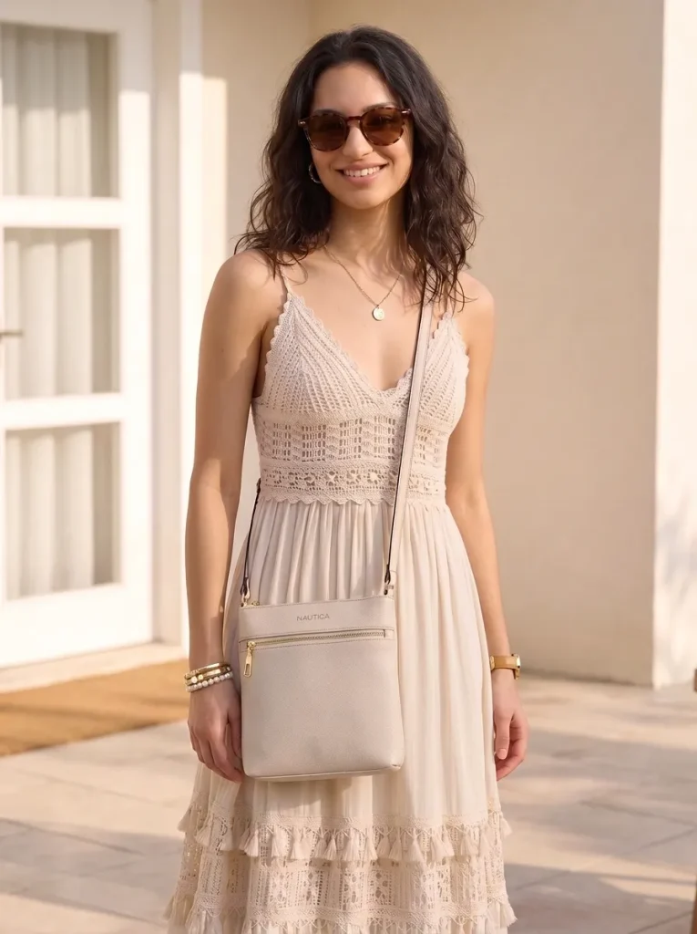 Mujer sonriente con vestido maxi de crochet color crema y bolso cruzado, look de estilo Bohemian.