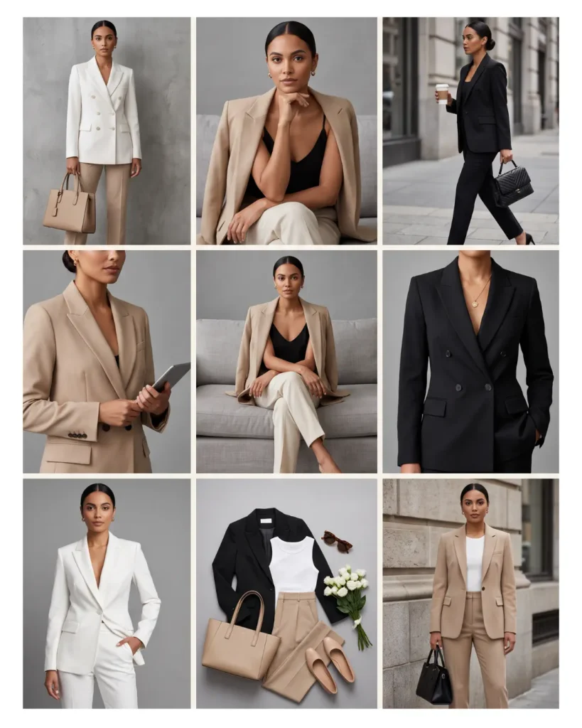 Collage de blazers y pantalones de sastrería para mujer, ejemplos del estilo Tailored.