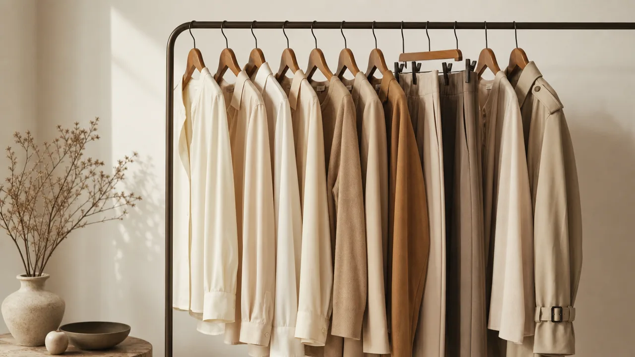 Rack de ropa con un clóset cápsula en tonos crema, beige y camel