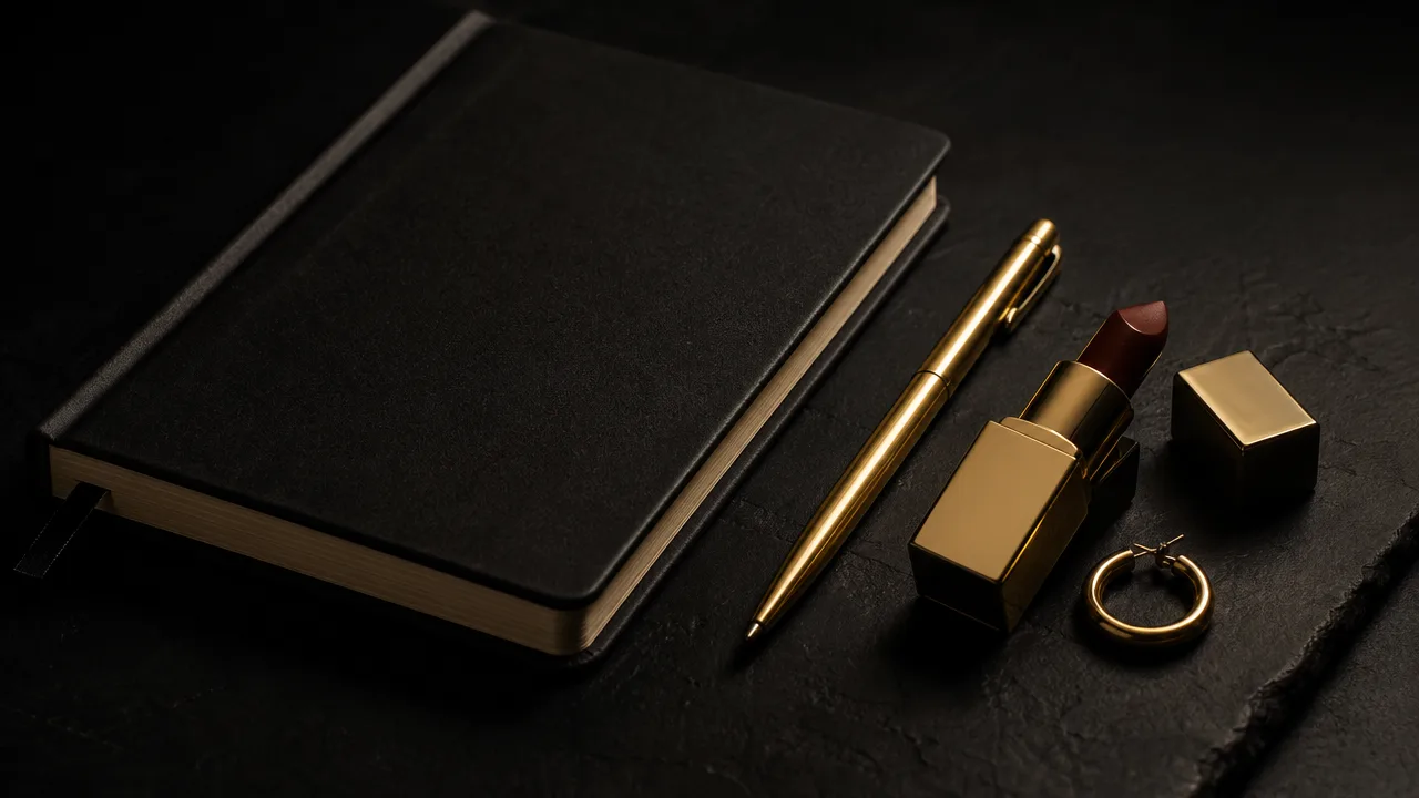 Libreta negra, pluma dorada y labial sobre una superficie oscura