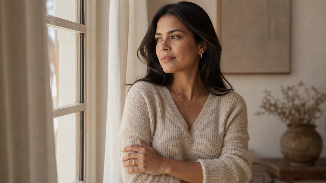 Mujer con suéter beige junto a una ventana con luz natural