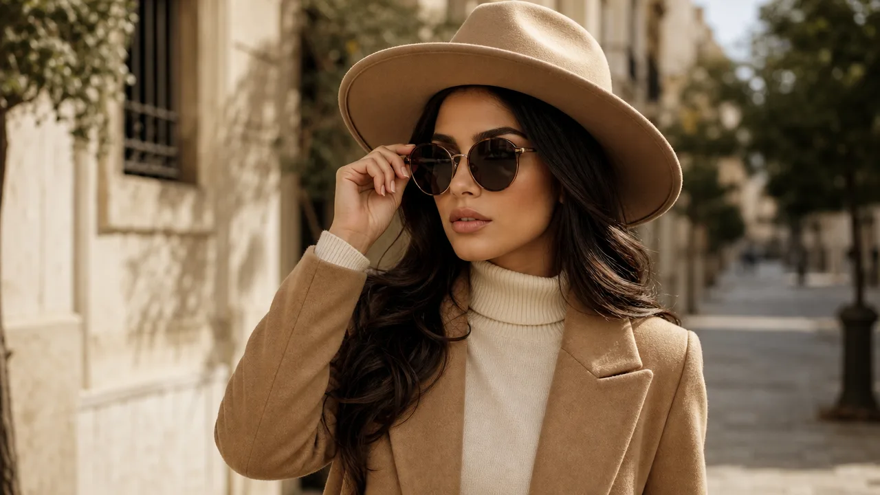 Mujer con abrigo camel y sombrero beige ajustando sus lentes de sol