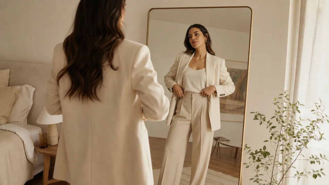 Mujer revisando su outfit frente a un espejo de cuerpo completo