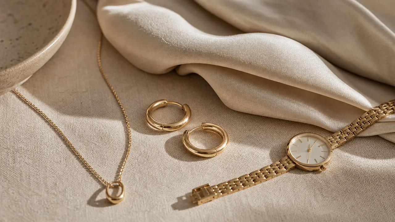 Joyería dorada y accesorios sobre lino beige