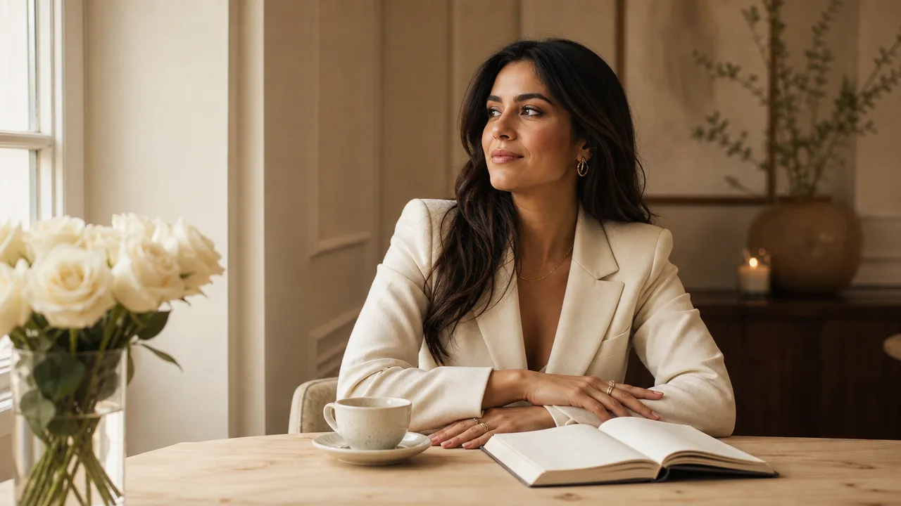 Mujer con blazer crema tomando café junto a un ramo de rosas blancas