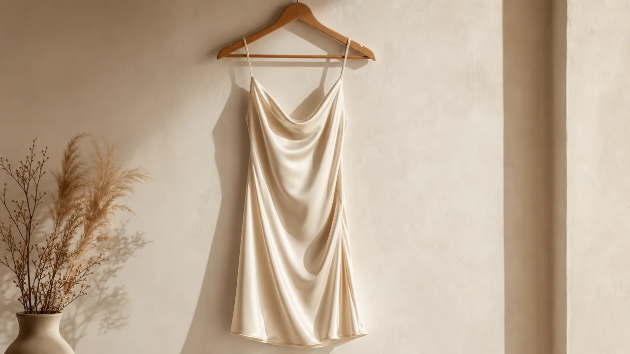 Vestido slip de satén color crema en un gancho de madera