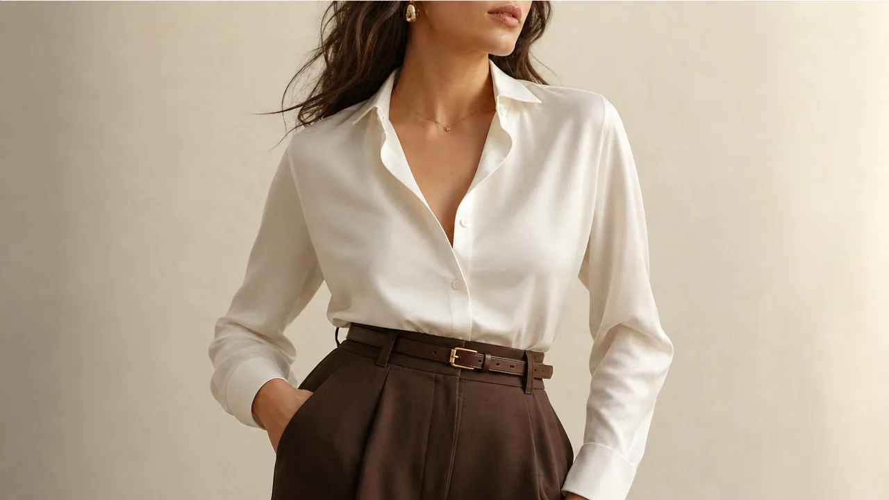 Blusa de seda blanca con pantalón chocolate de tiro alto
