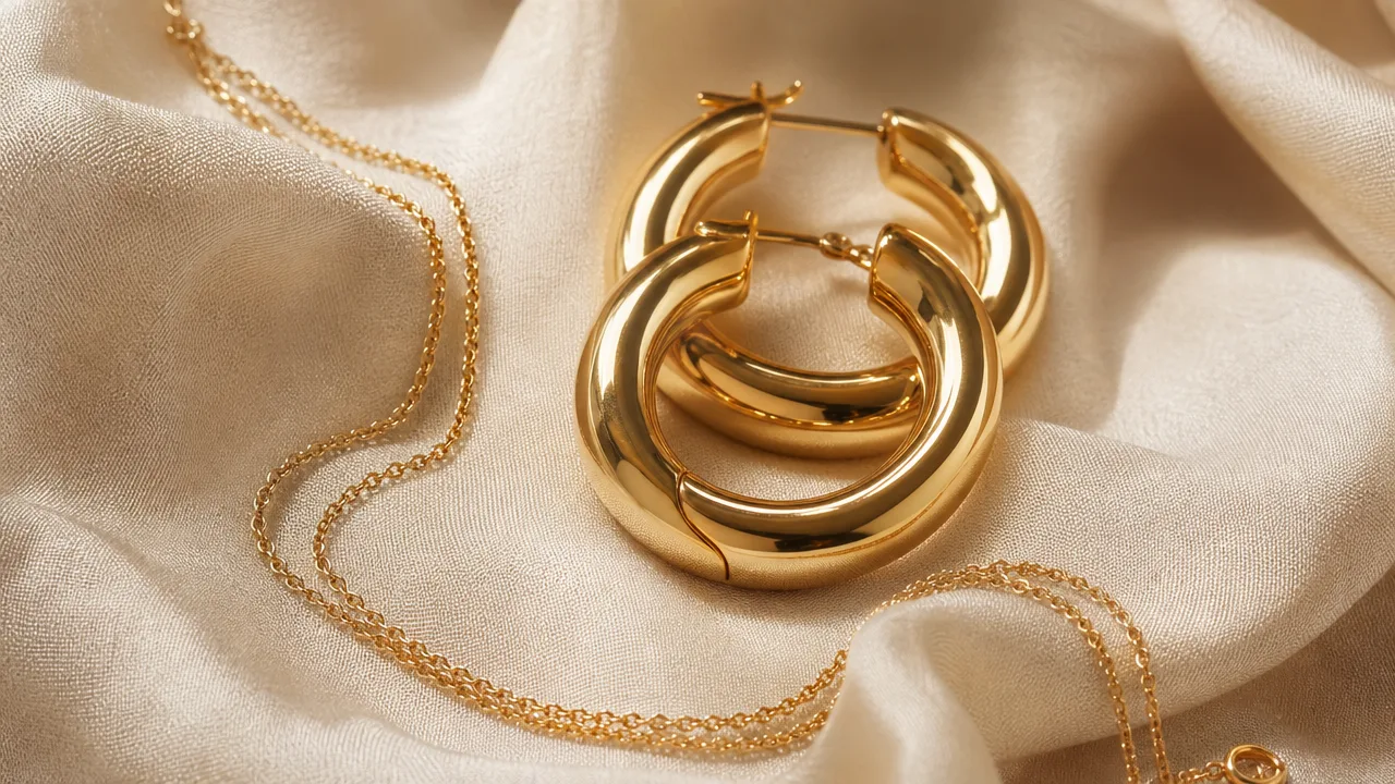 Aretes de argolla dorados y cadena fina sobre tela crema