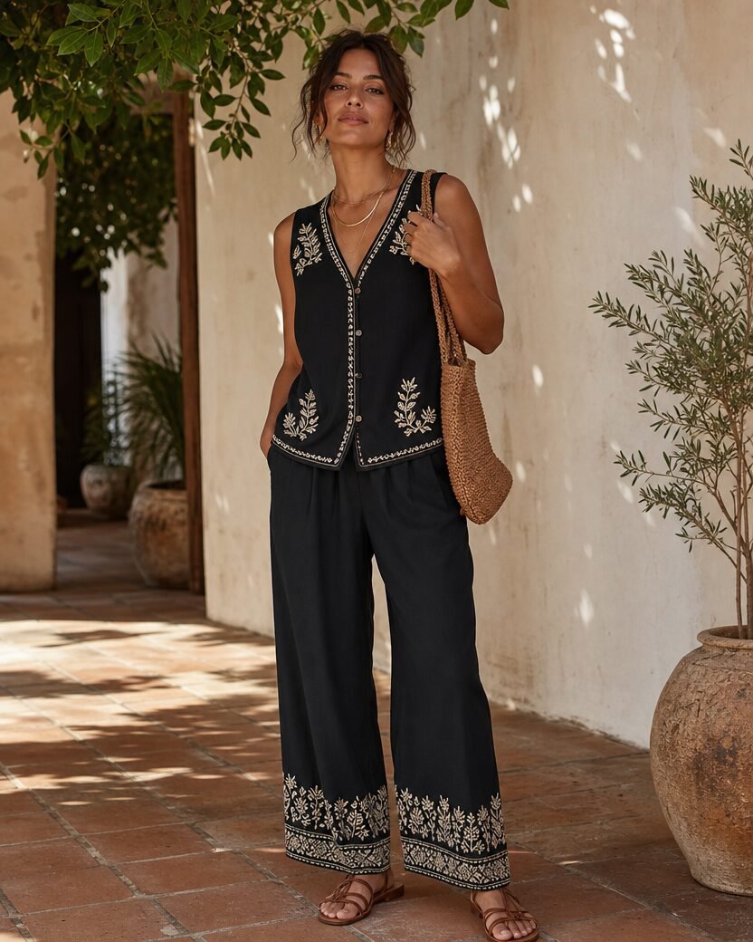 Carmen con el conjunto Noir negro bordado, bolso tejido y sandalias marrones en un patio soleado