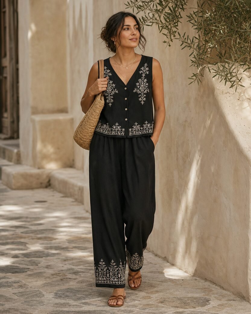 Carmen con el conjunto Noir negro bordado, dos collares dorados, bolso tejido tostado y sandalias planas marrones.