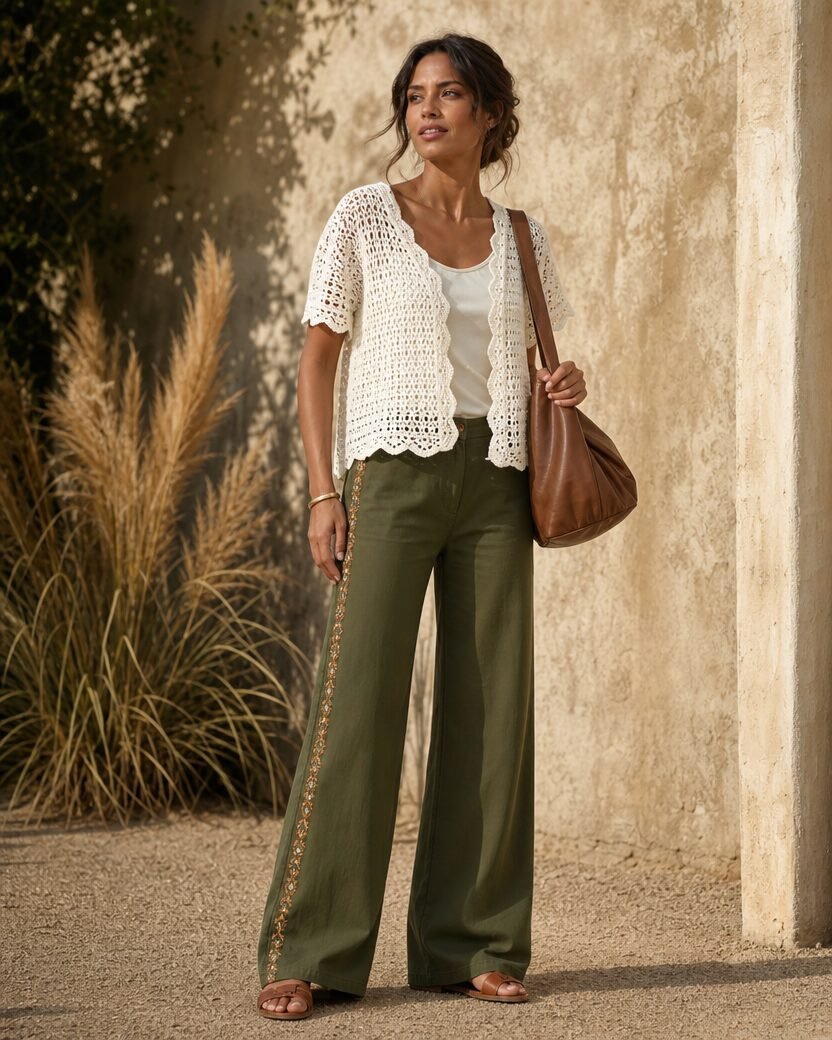 Carmen con el pantalón verde oliva de bordado lateral y pierna ancha, top de crochet blanco abierto, bolso de hombro marrón y sandalias planas.