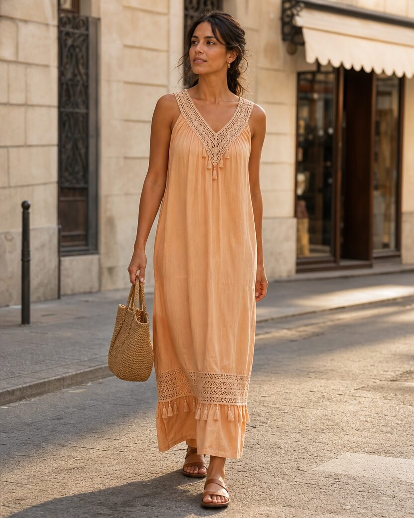 Carmen con el vestido maxi Alma en albaricoque, con ribete de crochet crema y borlas, bolso tejido y sandalias marrones.