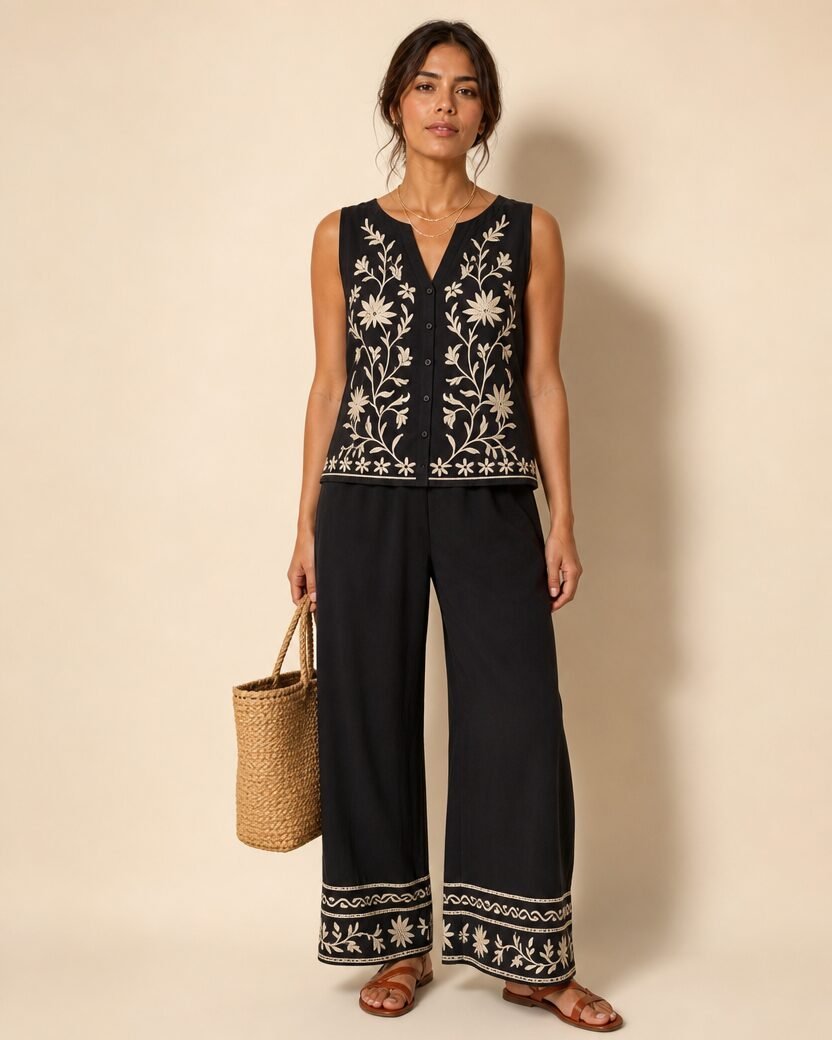 Carmen con el conjunto Noir de top y pantalón negros con bordado color crema