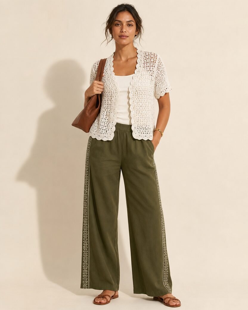 Carmen con el pantalón bordado verde oliva y el top de crochet blanco Luna