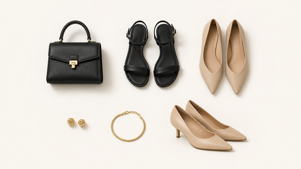 Accesorios para un look elegante: bolso estructurado, sandalias planas, zapatos de punta, pendientes y pulsera dorados
