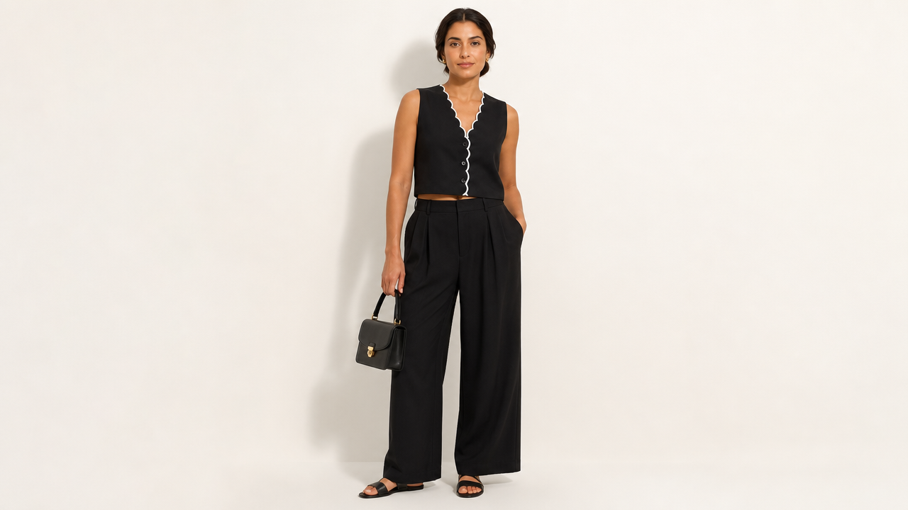 Conjunto elegante de mujer en negro con ribete ondulado, sandalias planas y mini bolso estructurado