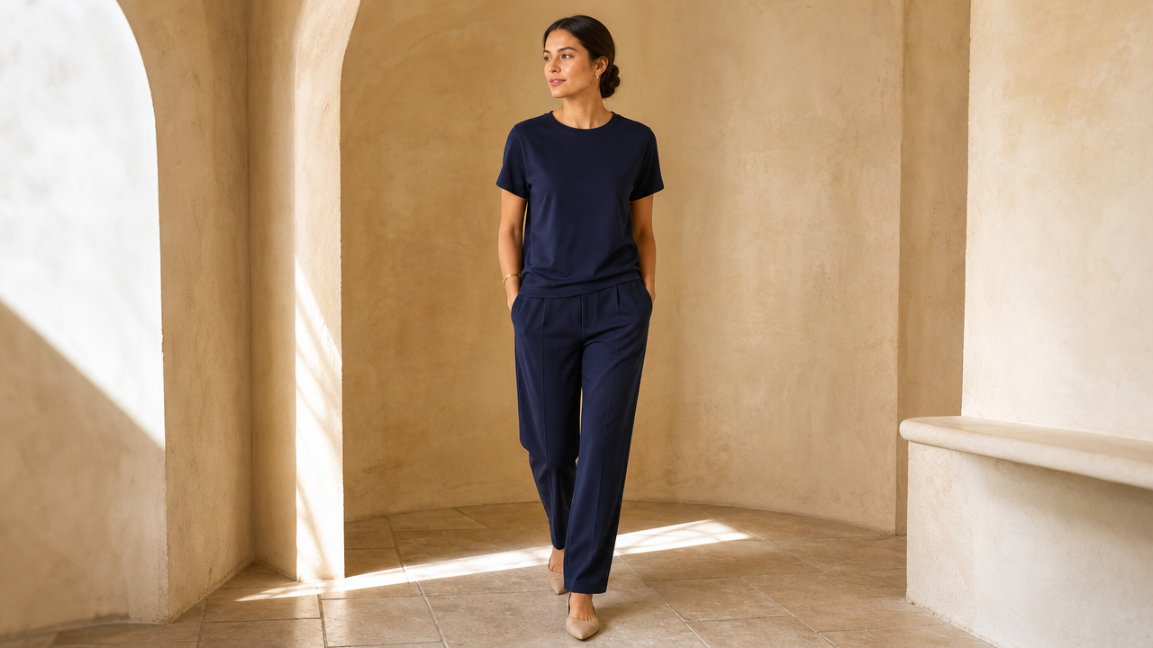 Conjunto elegante de mujer en azul marino con zapatos planos de punta y pulsera dorada para el día