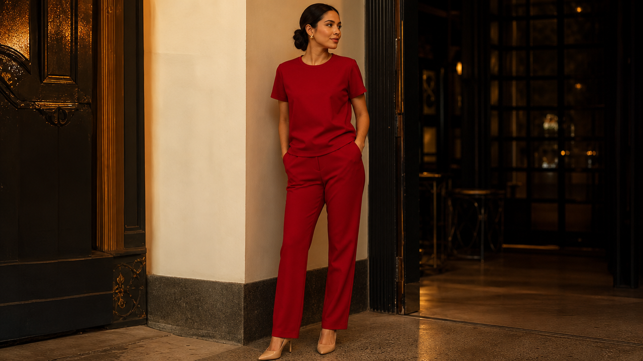 Outfit elegante de mujer en rojo con tacones neutros y joyería mínima para la noche