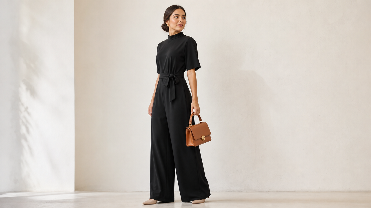 Conjunto elegante de mujer de pierna ancha con cinturón anudado que define la cintura
