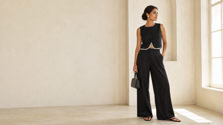 Carmen con conjunto negro de top sin mangas y pantalon ancho en un interior de luz natural