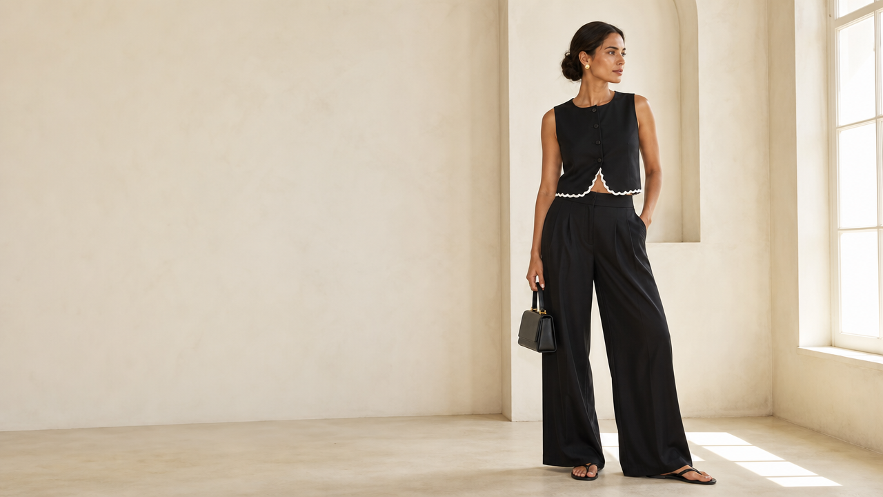 Carmen con conjunto negro de top sin mangas y pantalon ancho en un interior de luz natural