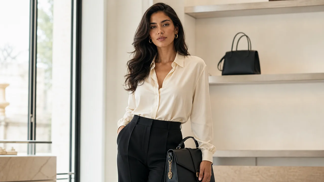 Mujer con blusa crema y pantalón negro sosteniendo un bolso satchel negro