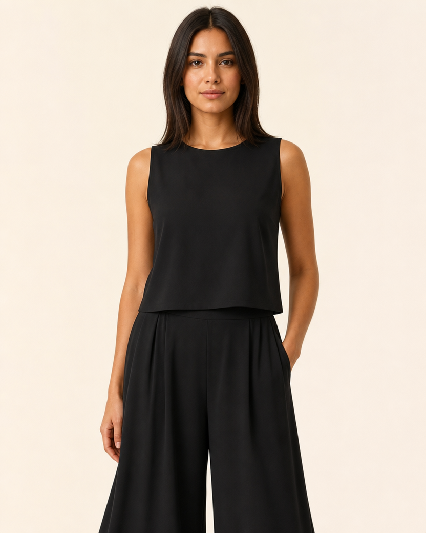 Conjunto Alma de top sin mangas y pantalón palazzo en negro.
