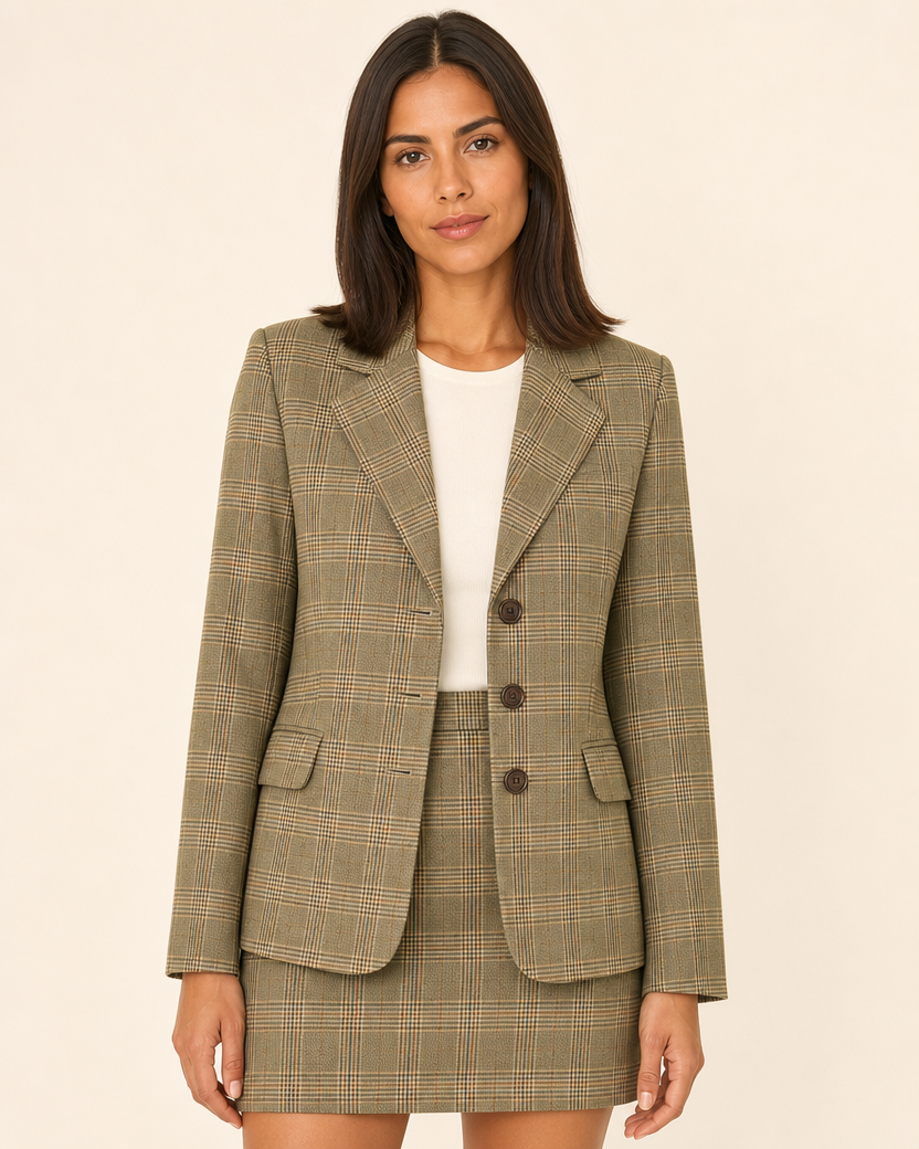 Conjunto Clara de blazer abotonado y minifalda a cuadros en Khaki.