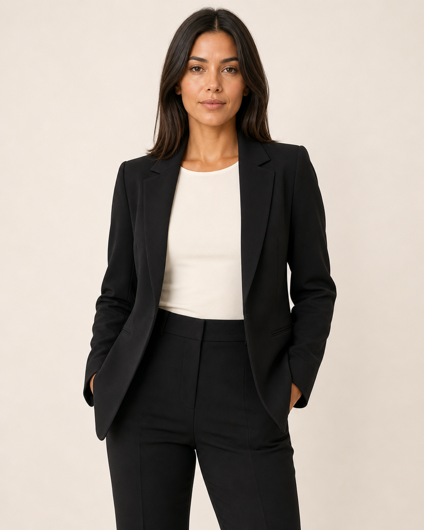 Conjunto Verona de blazer con solapas y pantalón de tiro alto en negro.