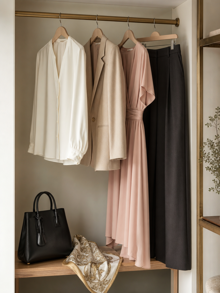 Perchero con camisa marfil, blazer beige, vestido rosa suave y pantalón oscuro junto a bolso y pañuelo.