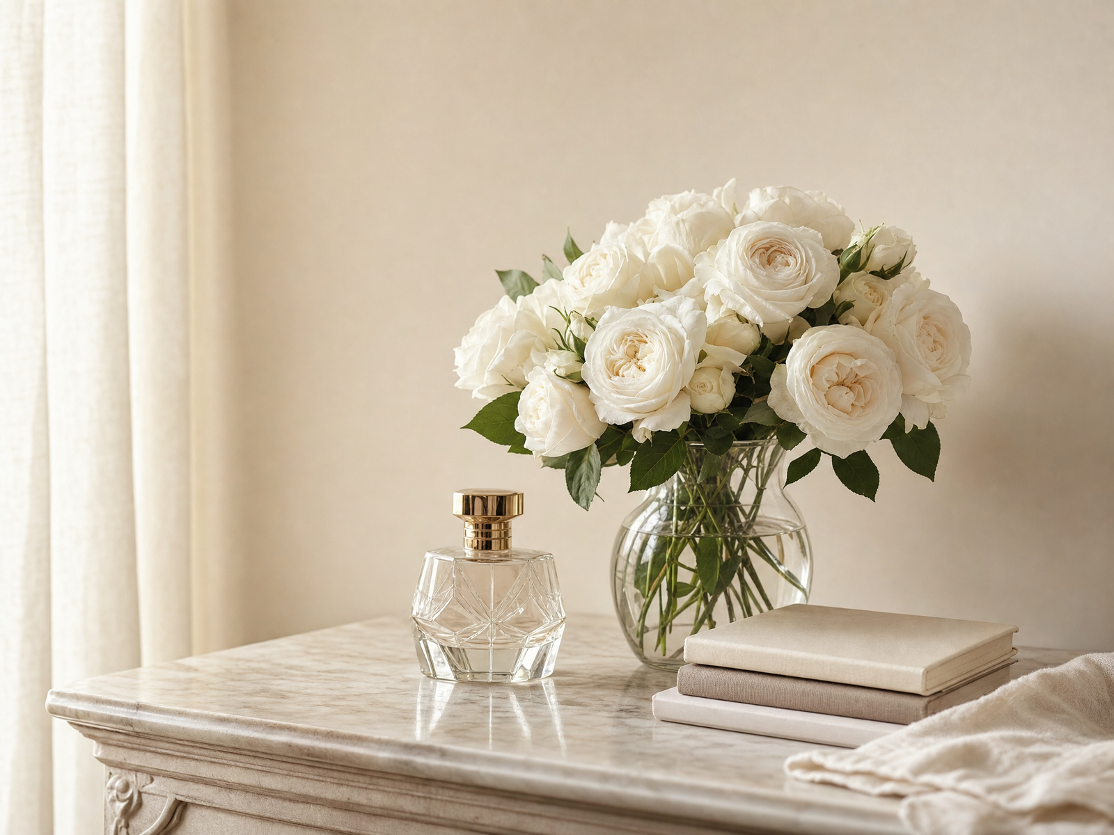 Ramo de rosas blancas, frasco de perfume y libros neutros sobre una consola de mármol
