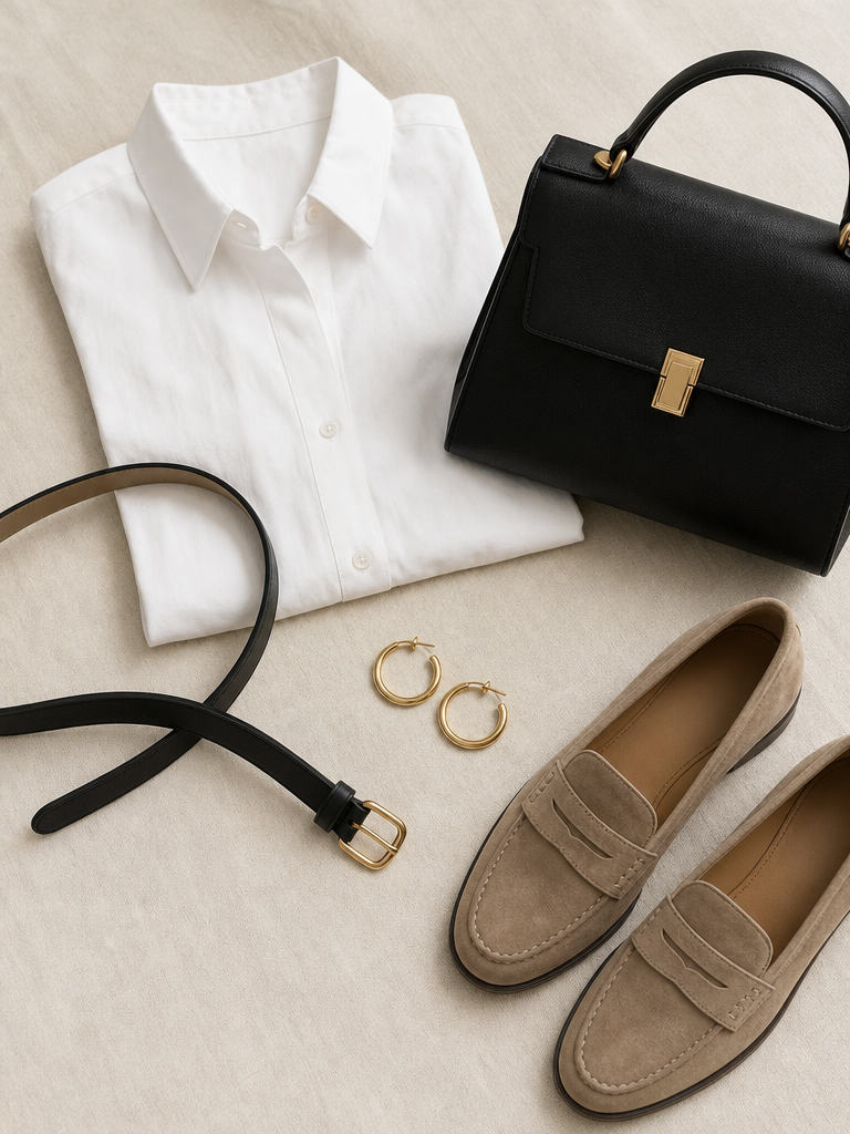 Bolso negro estructurado, cinturón, aros dorados y mocasines taupe junto a una camisa blanca.