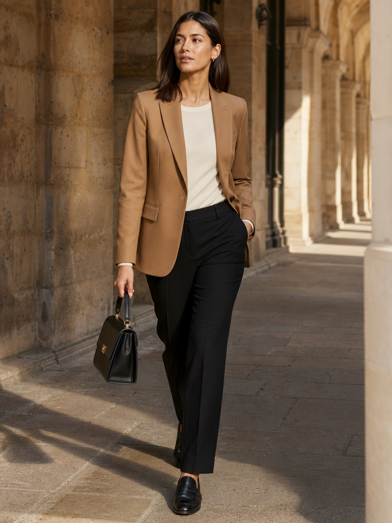Mujer con blazer camel, top marfil, pantalón negro y bolso estructurado en un pasillo de piedra.