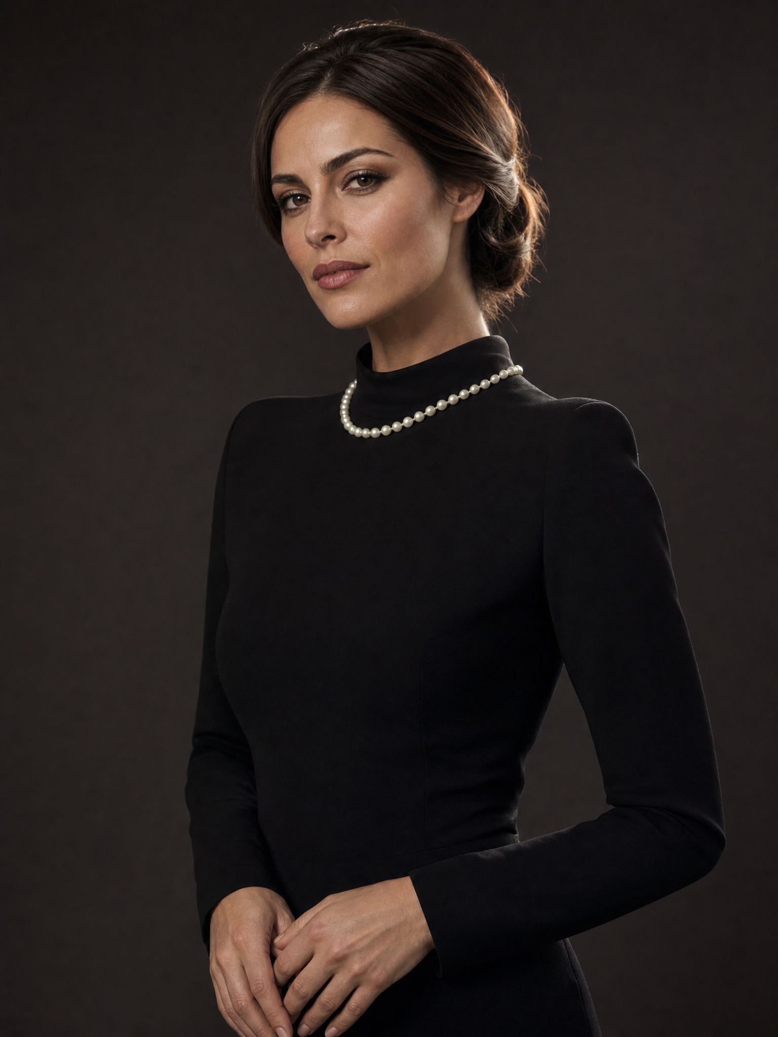 Mujer con vestido negro de cuello alto y collar de perlas, estilo Elegant