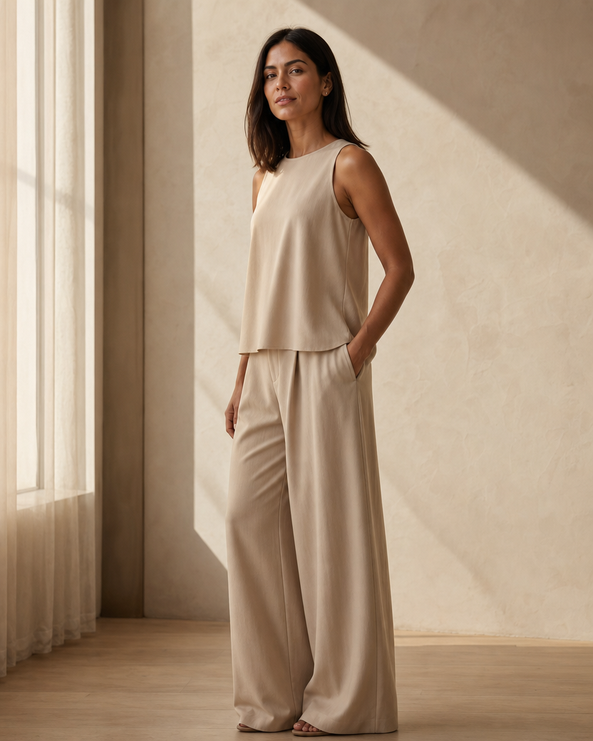 Carmen lleva un conjunto beige sin mangas con pantalón de pierna ancha para un outfit minimalista de Giza's Boutique.
