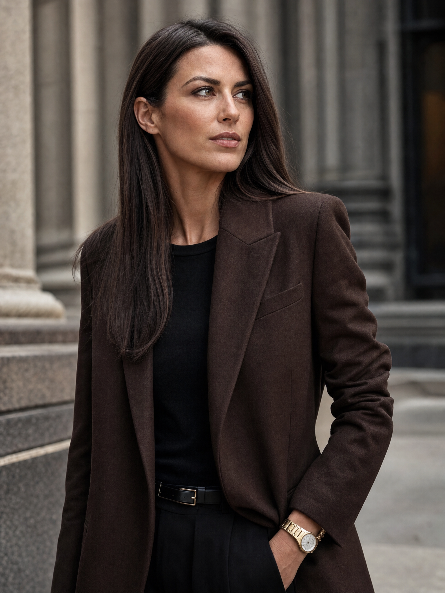 Mujer con blazer de lana marrón estructurado en la calle, estilo Tailored