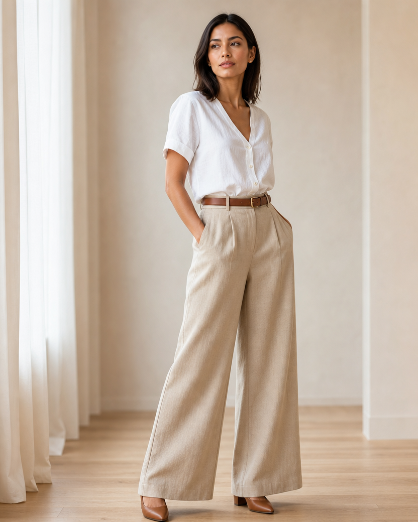 Carmen combina la blusa Cathlyn en blanco metida por dentro del pantalón beige de pierna ancha de Alma, con cinturón fino marrón y zapatos de tacón bajo.