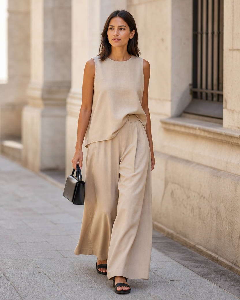 Carmen camina con el conjunto Alma beige, sandalias planas negras y un bolso negro estructurado.