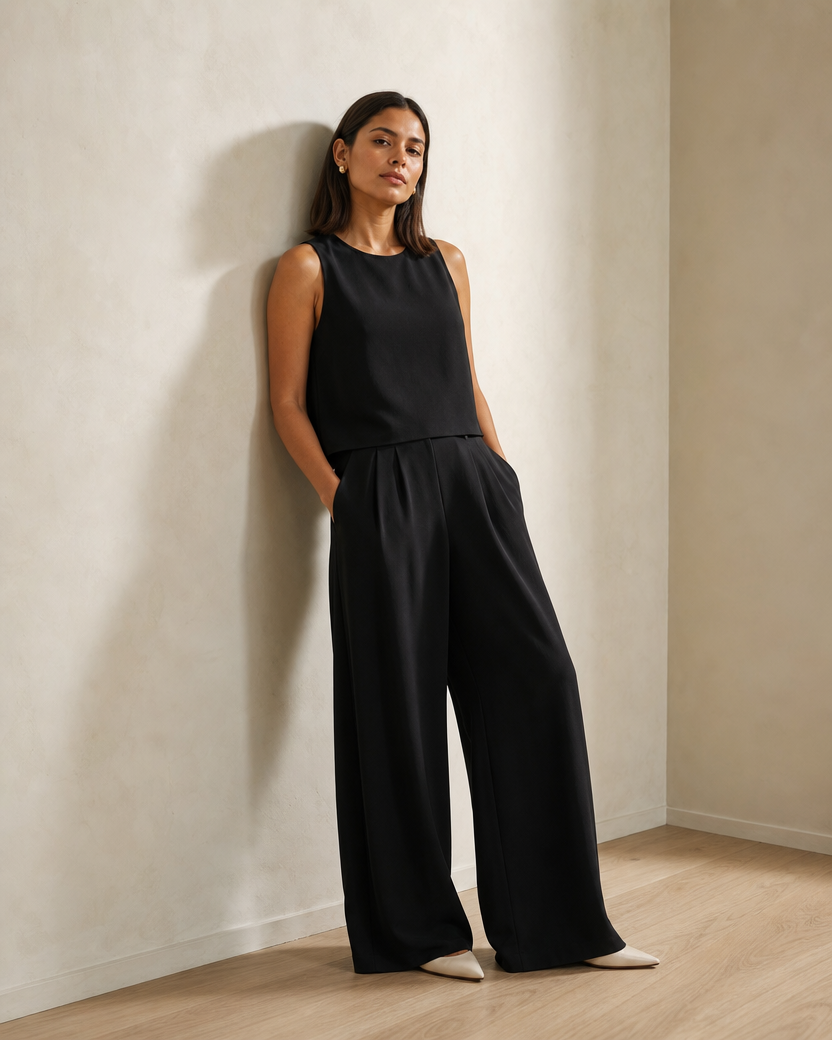 Carmen lleva el conjunto Alma negro con zapatos planos de punta color marfil y pequeños pendientes dorados.