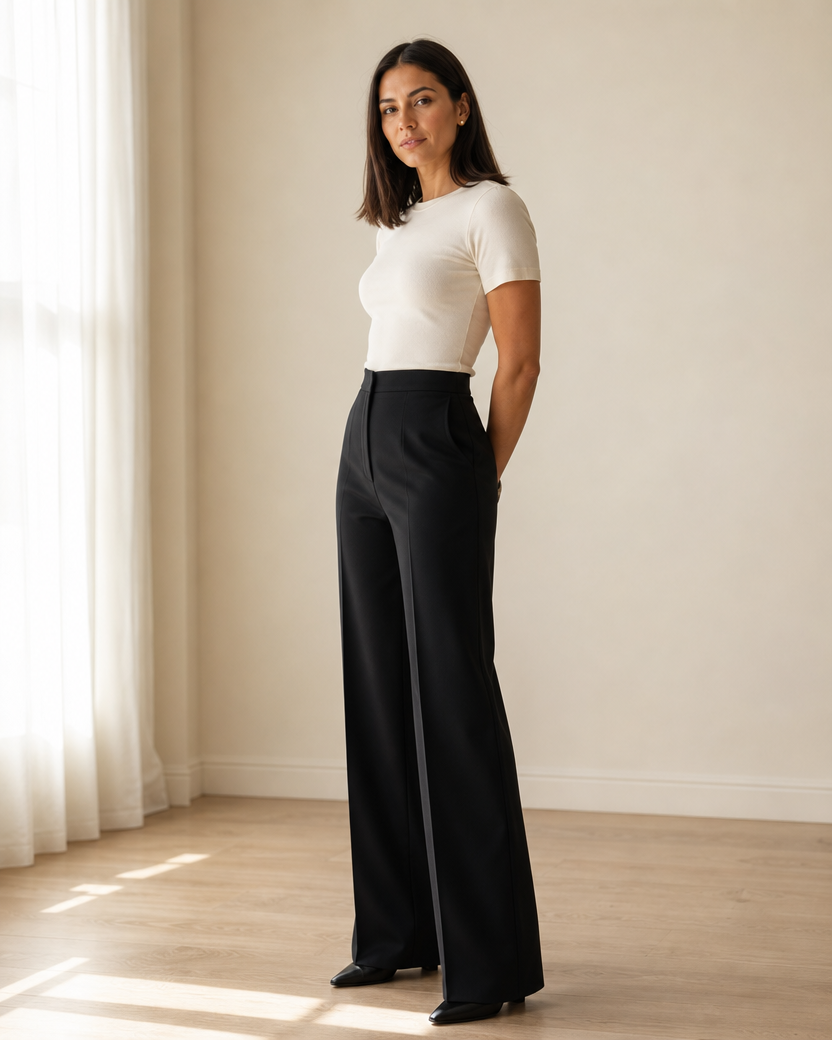 Carmen combina el pantalón negro de tiro alto del conjunto Verona con un top marfil ajustado y zapatos negros de punta, sin la chaqueta.