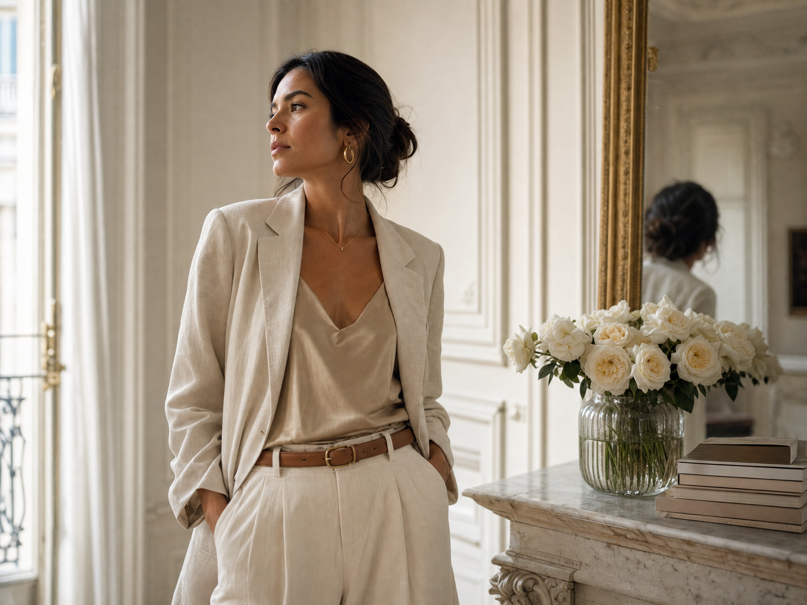 Mujer con blazer de lino crema junto a un espejo dorado antiguo, filosofía de Giza's Boutique