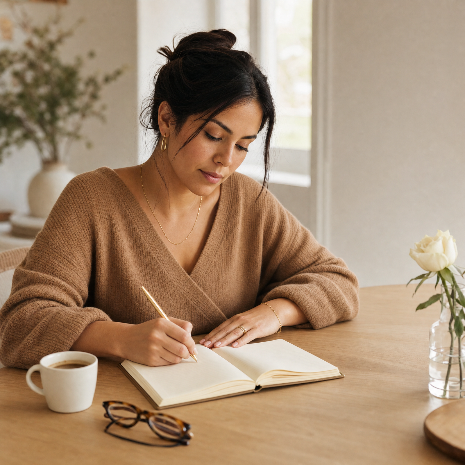 Mujer escribiendo en una libreta color crema mientras define su estética personal