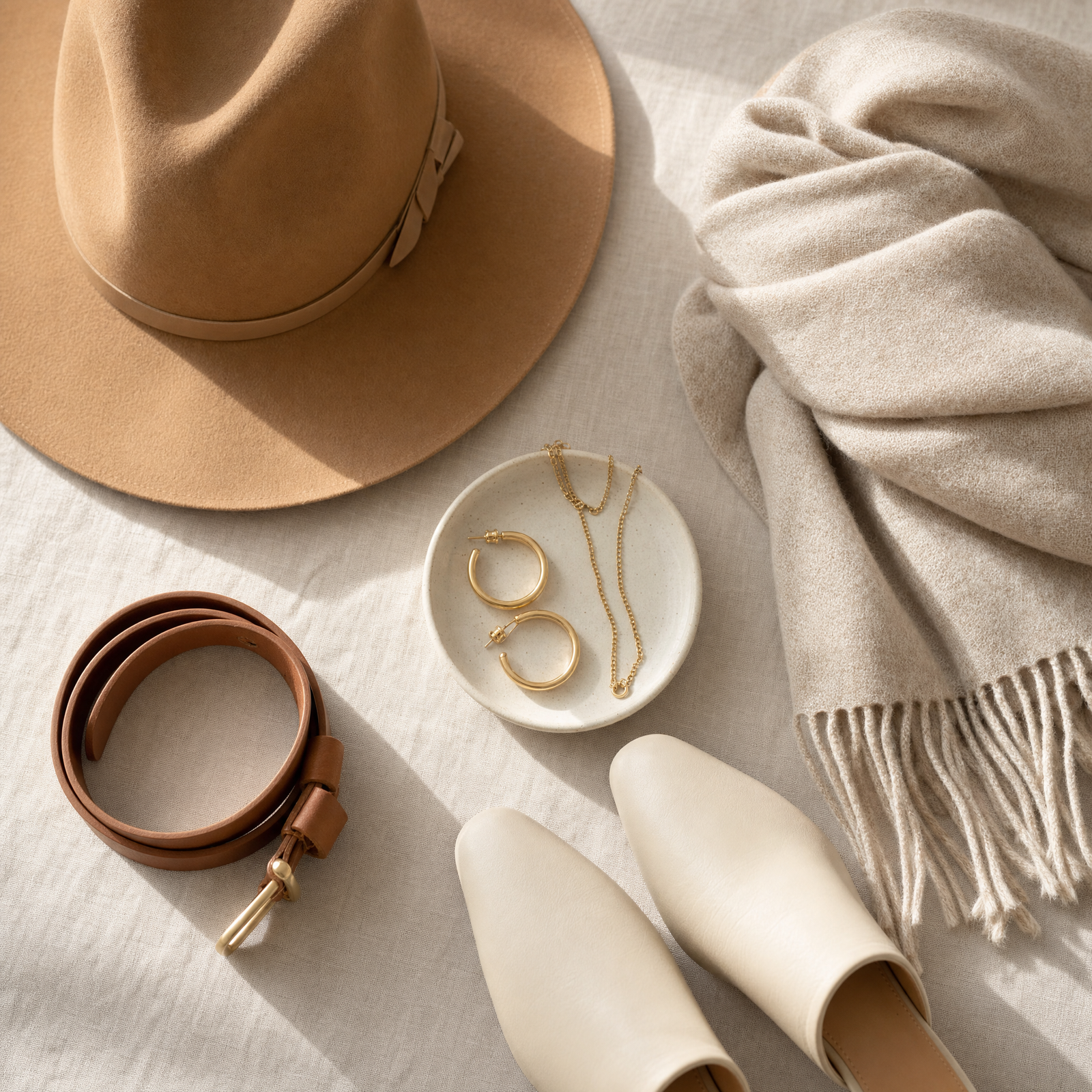 Accesorios neutros coordinados: sombrero camel, pañuelo, cinturón de piel y joyería dorada