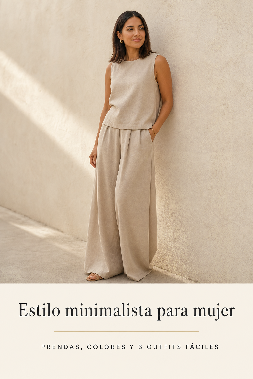 Carmen con un conjunto beige bajo el título Estilo minimalista para mujer: prendas, colores y 3 outfits fáciles.