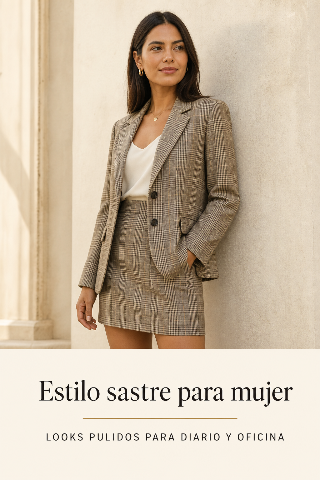 Carmen con el conjunto Clara a cuadros bajo el título Estilo sastre para mujer: looks pulidos para diario y oficina.