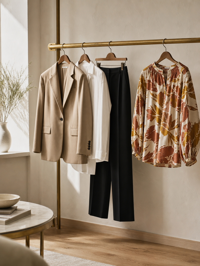 Blazer beige, camisa blanca y pantalón negro junto a una blusa estampada de temporada en un perchero.